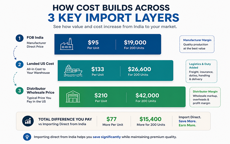 Granite headstone import cost breakdown from FOB India to US distributor pricing